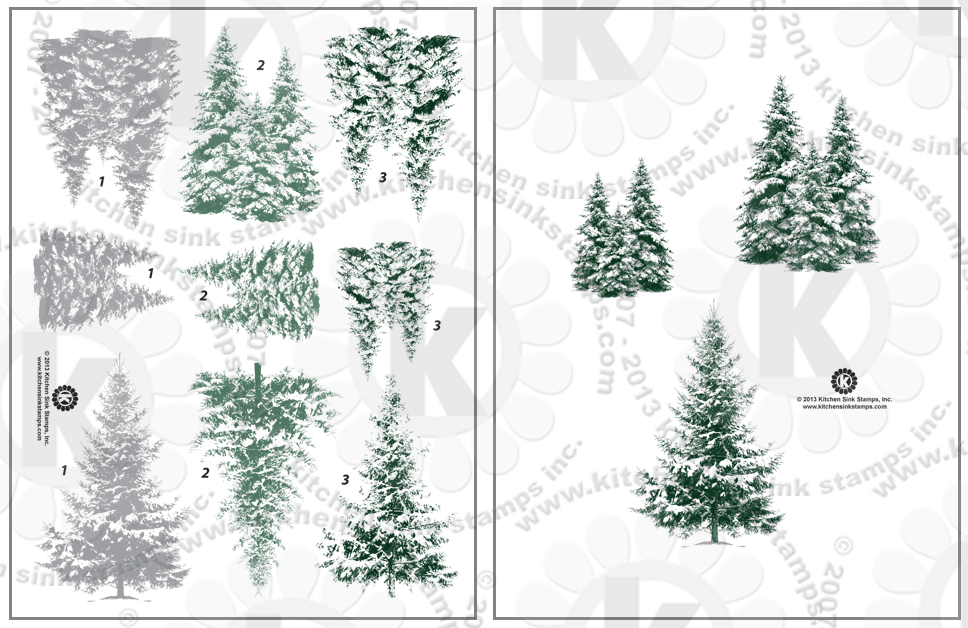 kitchen sink stamps snowy pine trees